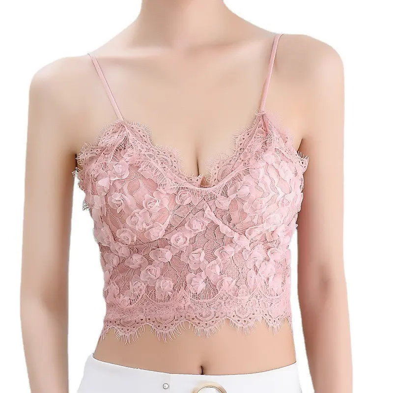 French Three-Dimensional Rose Lace Sweet Small Sling Vest Pure Desire Sexy Outerwear Hot Girl with Chest Pad Tank-Top Womenswear Lingerie
