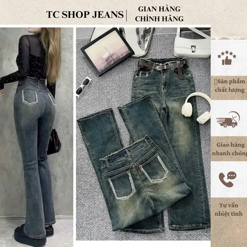 TCSHOPJEAN Quần Ống Loe Đậm Rêu Lưng Tua Túi Kiểu Sau Bigsize 55kg-90kg Lưng cao Co Giãn Dài 100cm Mã 504 Nữ Women 0