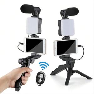スマートフォンのビデオ撮影キット、マイクとLEDフィルライト付きのハンドヘルド電話三脚、ライブストリーミング用の電話ビデオ録画キット、ビデオ撮影キット
