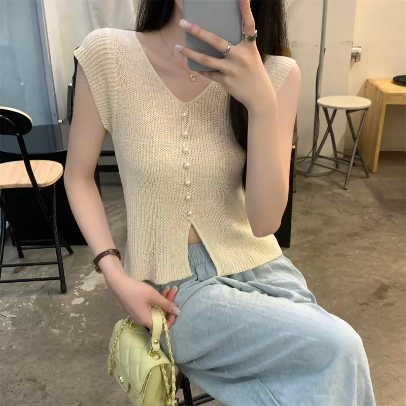Áo Len Dệt Kim, Thiết Kế Ngọc Trai, Cổ Chữ V Có Cúc, Ngắn Tay, Dễ Thương Và Gợi Cảm, Dành Cho Nữ, Trang Phục Mùa Hè, Áo Ngắn Mỏng Xẻ Tà Sang Trọng Top Women Khuy