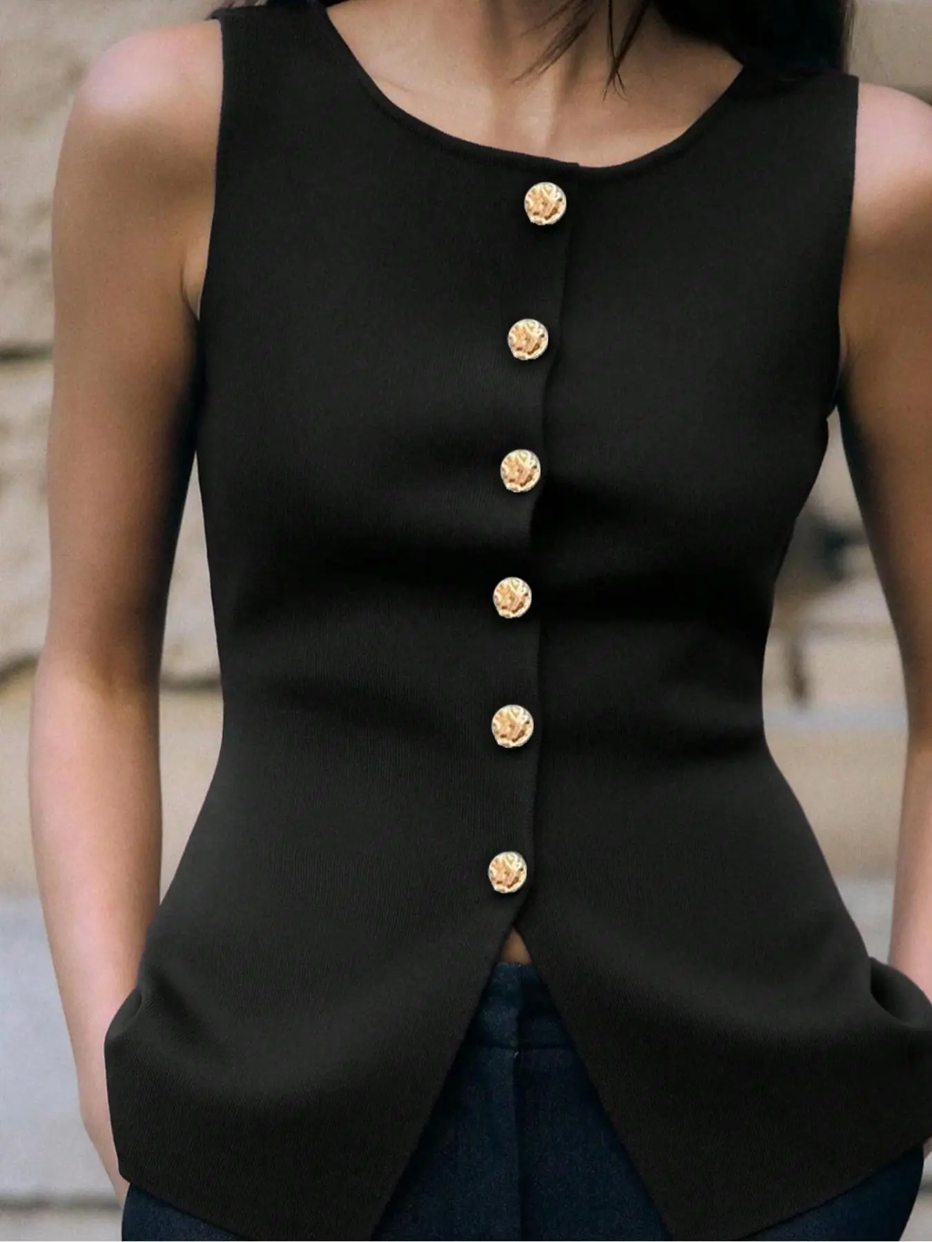 Women's Plain Button Front Sweater Vest, Elegant Casual Sleeveless Knit Top for Summer, Ladies Clothes for Daily Wear