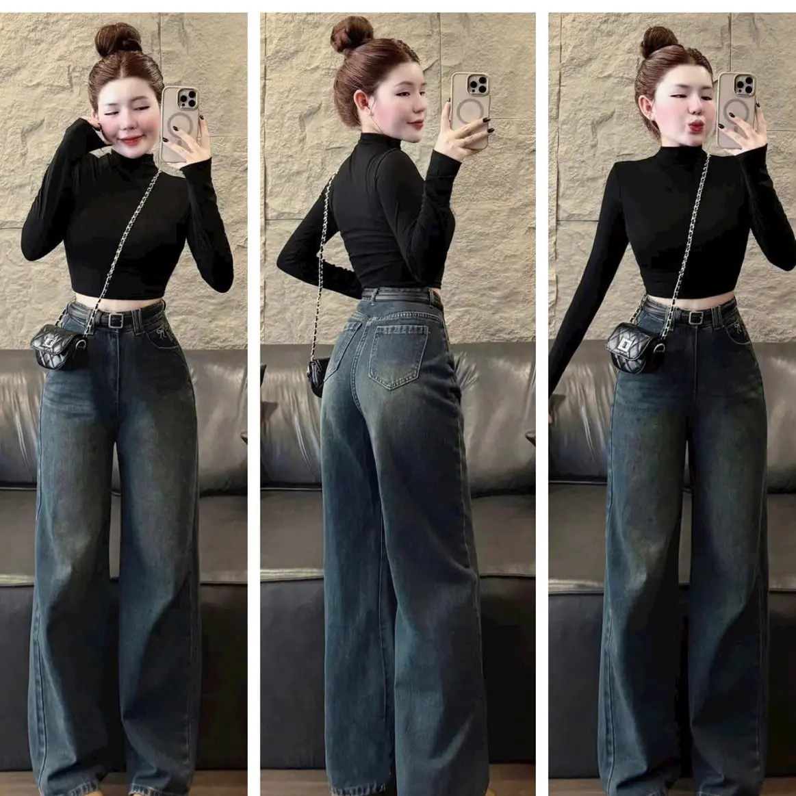 sét bộ đồ đi dạo phố nữ  áo cổ tròn tay dài kèm quần jean dài siêu xinh Women Top Kem
