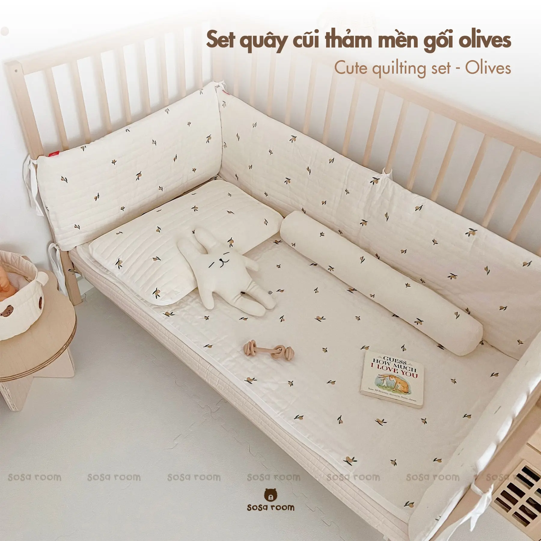 Quây cũi thảm gối, thêu olives, trần bông hữu cơ, quây chống va đập cho bé