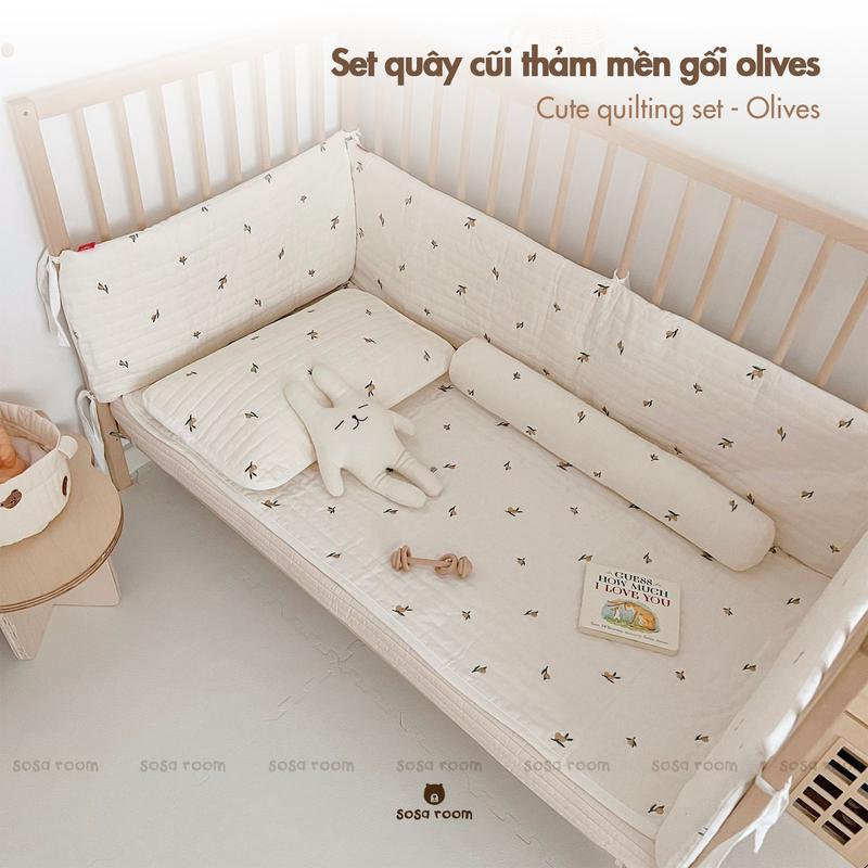 Quây cũi thảm gối, thêu olives, trần bông hữu cơ, quây chống va đập cho bé 0