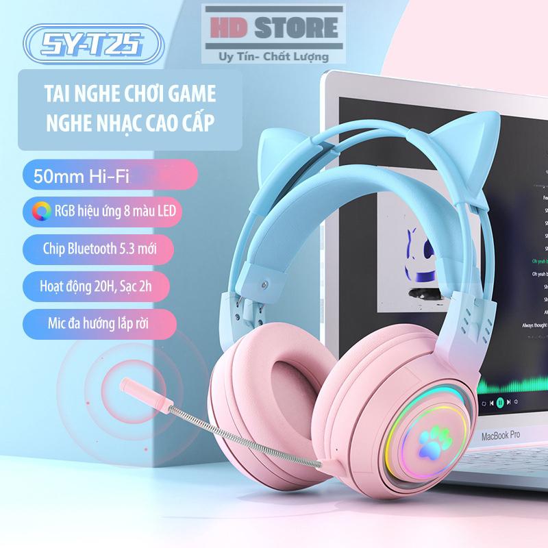 Tai Nghe Mèo Bluetooth Chụp Tai SY-T25 Có Mic Tháo Rời Chống Ồn,Tai nghe gaming chụp tai không dây sử dụng mọi thiết bị