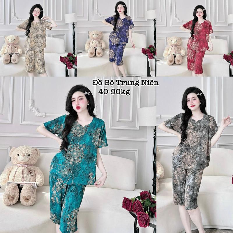 Đồ Bộ Trung Niên Cho Mẹ Mặc Nhà có Bigsize Lụa Mango Áo Tay Ngắn Quần Lửng Qua Gối Cao Cấp Xinh Đẹp Sang Trọng 40-85kg Nhung Baggy Nho Nhung Tăm