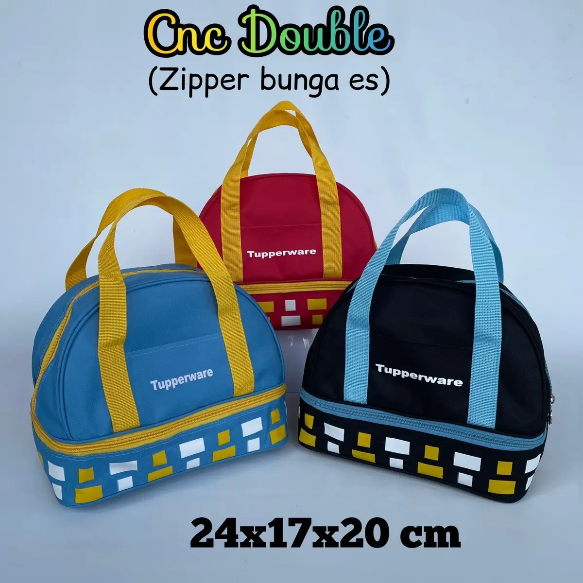 tas bekal Cnc Double motif kotak  (zipper bunga es) // Tas bekal uk 1 liter