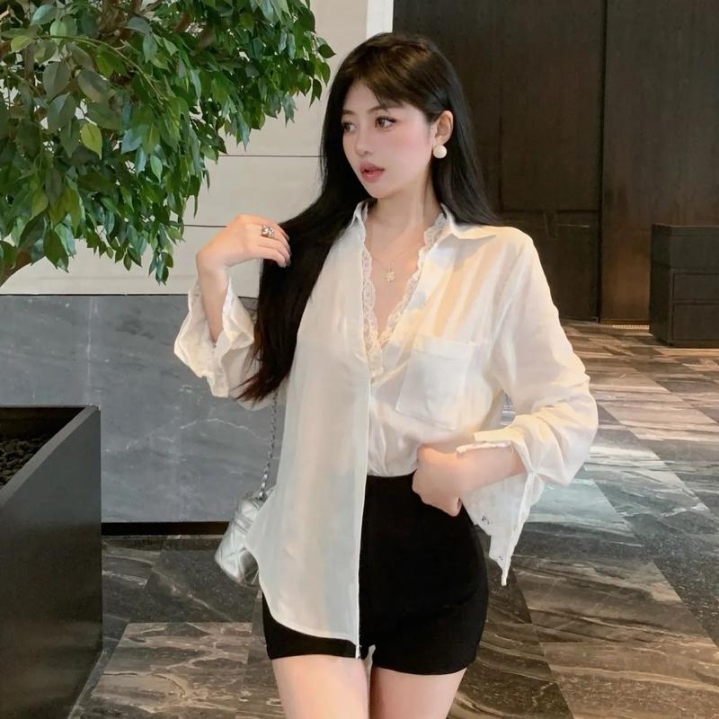 Product Introduction of Áo Sơ Mi Vải Lanh Và Cotton Màu Trắng, Giả Hai Mảnh, Dành Cho Mùa Hè Của Phụ Nữ, Áo Sang Trọng Và Đẹp Cao Cấp Dài Trung Bình Ren Chống Nắng 1