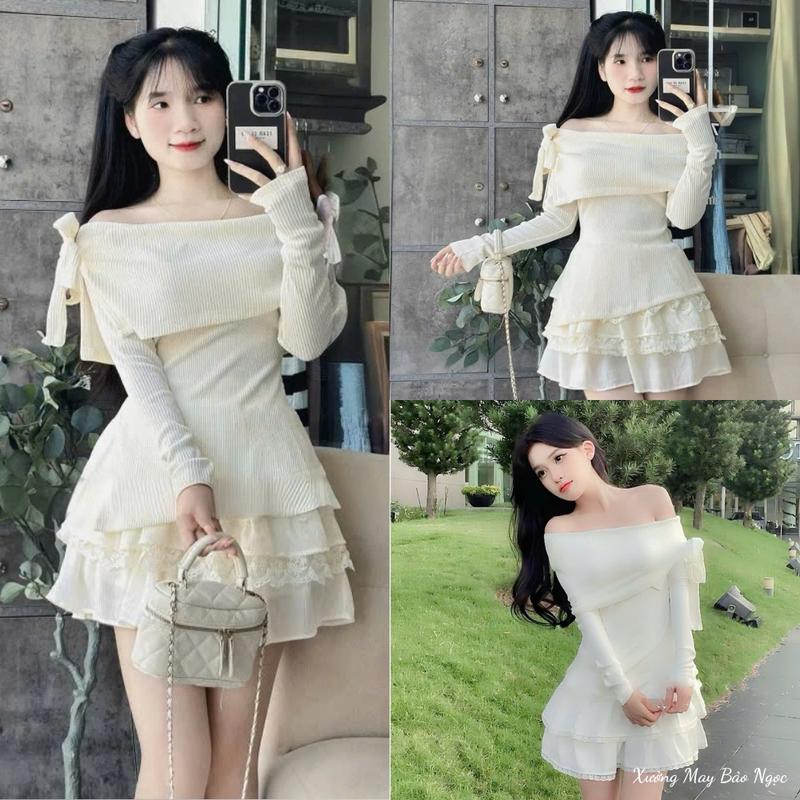 Set Áo Trễ Vai Len Tăm Thắt Nơ Vạt Chéo Kèm Chân Váy Xòe Phối Ren Siêu Xinh Top