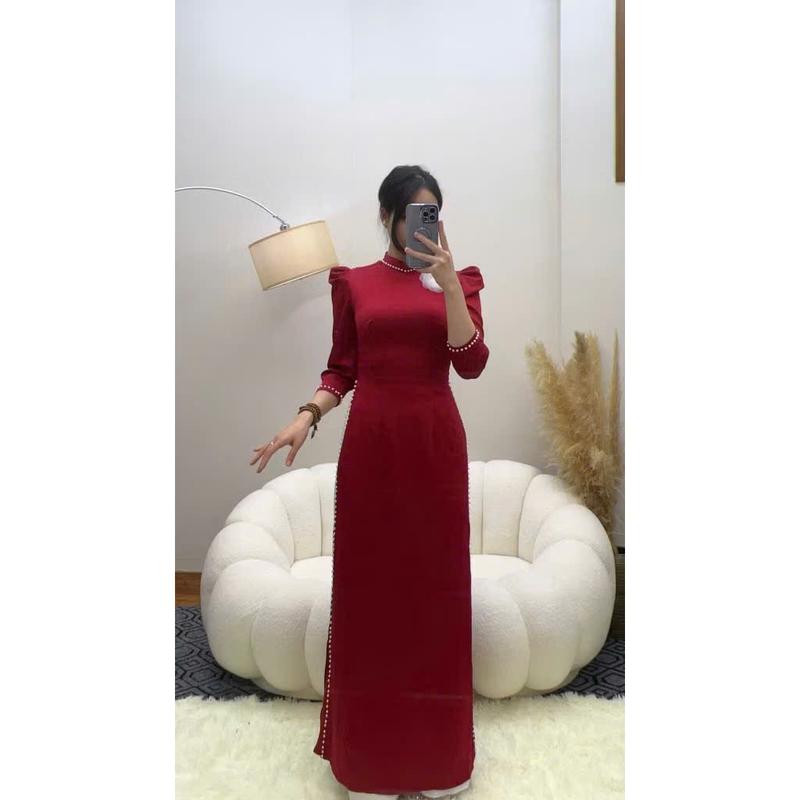 Áo dài nữ, áo dài truyền thống lụa Tây Thi màu Đỏ Đô điềm hoa đính ngọc xinh xắn 2