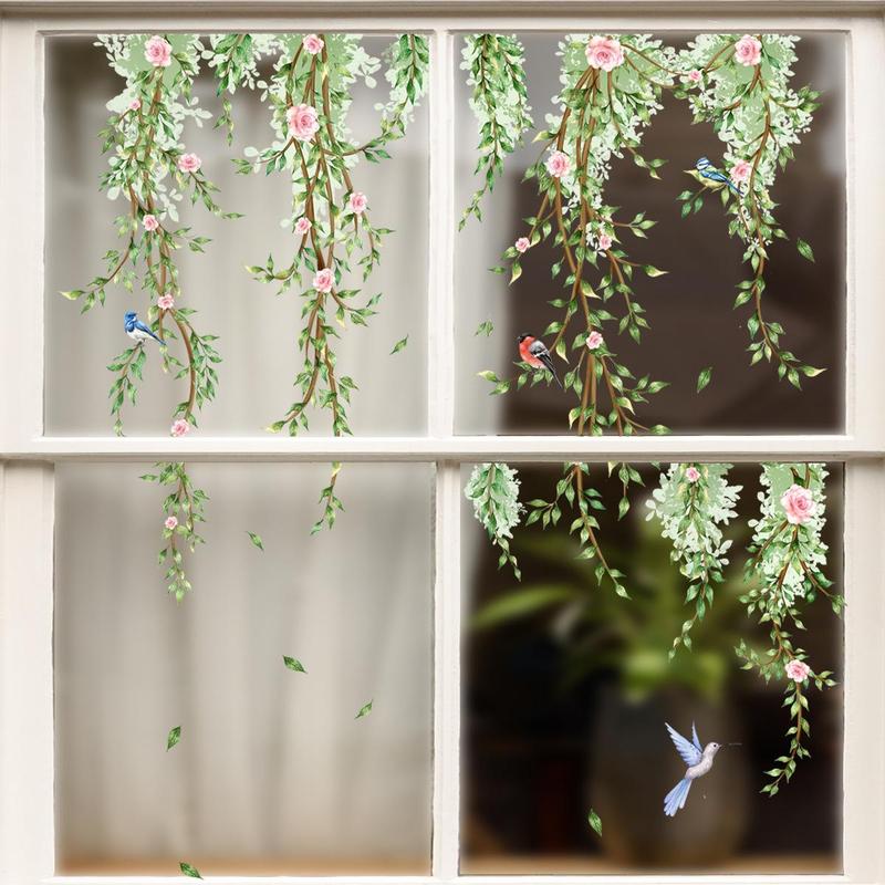 Flower & Bird Pattern Window Sticker, 2 Counts/set Colorful Exquisite Creative Double Sided Window Sticker, Decorative Sticker for Home Window Office School 2