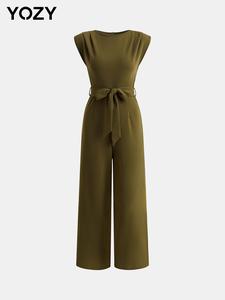 YOZY Women's Plain Plicated Batwing Sleeve Belted Jumpsuit, Elegant Cap Sleeve Round Neck Jumpsuit for Daily Wear, Ladies Clothes for All Seasons