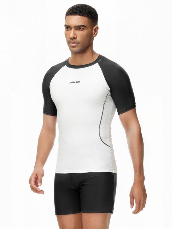 Two-Piece Set Men Swim Trunks, Men's Colorblock Raglan Sleeve Beach Set, Sporty Short Sleeve Tee & Elastic Waist Shorts Set, Quick Drying Swimwear Set, Beach Swimsuit Set for Men 2