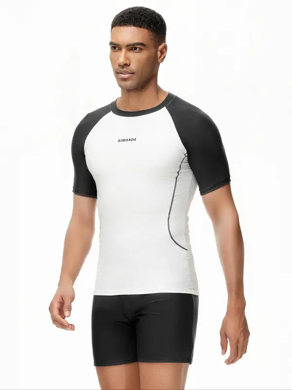 Two-Piece Set Men Swim Trunks, Men's Colorblock Raglan Sleeve Beach Set, Sporty Short Sleeve Tee & Elastic Waist Shorts Set, Quick Drying Swimwear Set, Beach Swimsuit Set for Men 2
