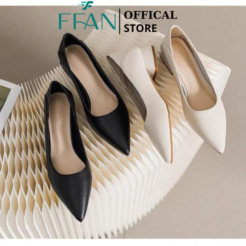 Giày nữ đế vuông mũi nhọn da thật FFAN mềm mại cao gót bít mũi 3 phân s600 big size màu đen be trắng Hoa Cao Su