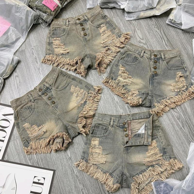 Quần short jean nữ 4 khuy rách gấu - full màu [CHĂMCHĂMM65] son quần đùi Sang trọng Drawstring quan