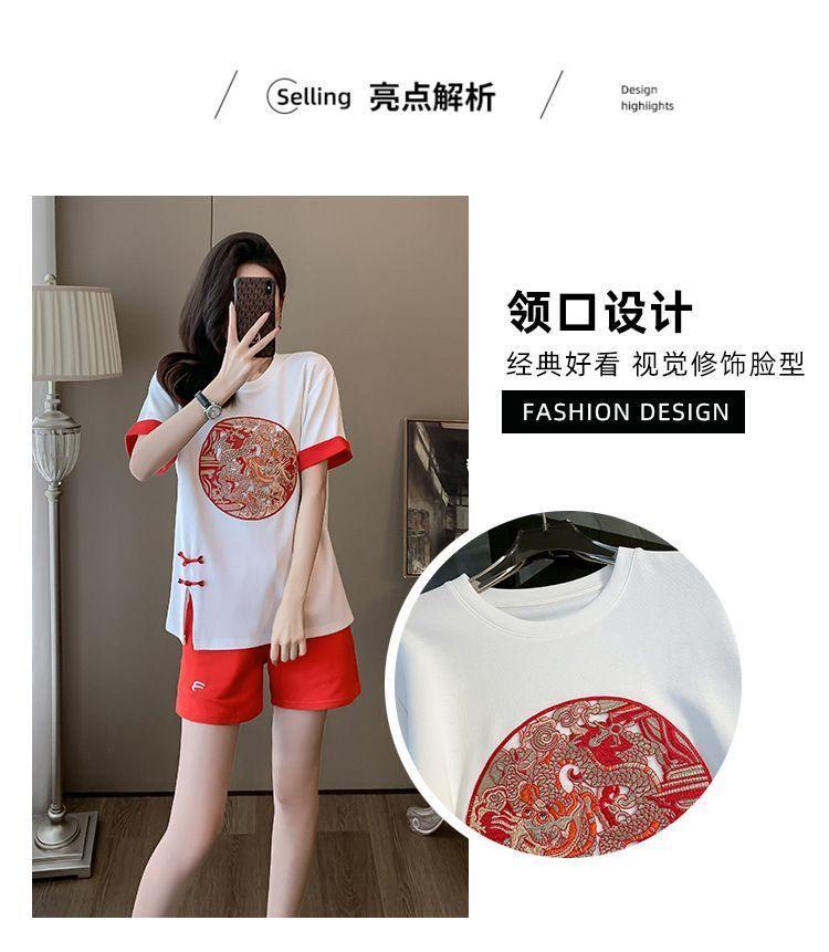 Product Introduction of New Chinese Casual Graceful Fashionable Set Women's Summer Short Sleeve Shorts Red Chinese Style Sports Popular Two-Piece Set 4