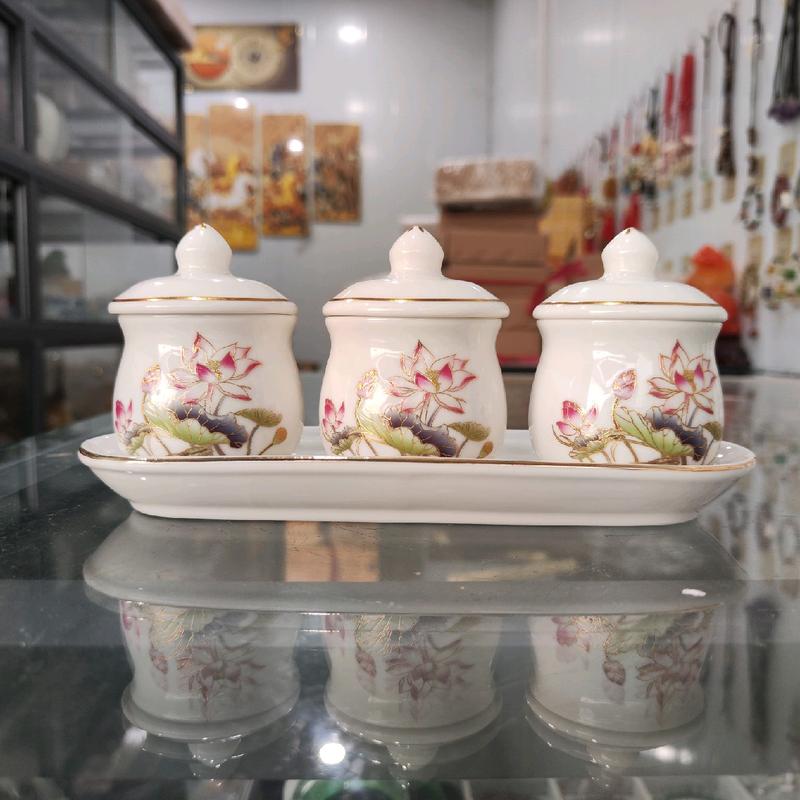 Bộ 3 Ly Nước Có Nắp Thờ Cúng Gốm Sứ Hoa Sen
