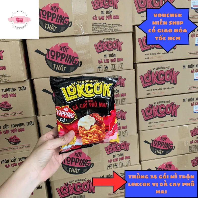Thùng 24 Gói Mì trộn LÓKCÓK Xốt Topping Thật -Gà Cay Phô Mai Vị ngon đường phố (x100G) 0