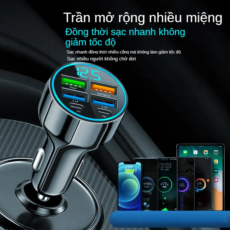 Bộ sạc ô tô, 4 cổng, 66W, Màn hình LED, Sạc siêu nhanh PD / QC3.0, Phân phối dòng điện tự động, Bảo vệ quá tải, Thích hợp cho ô tô và xe máy, 2025 1