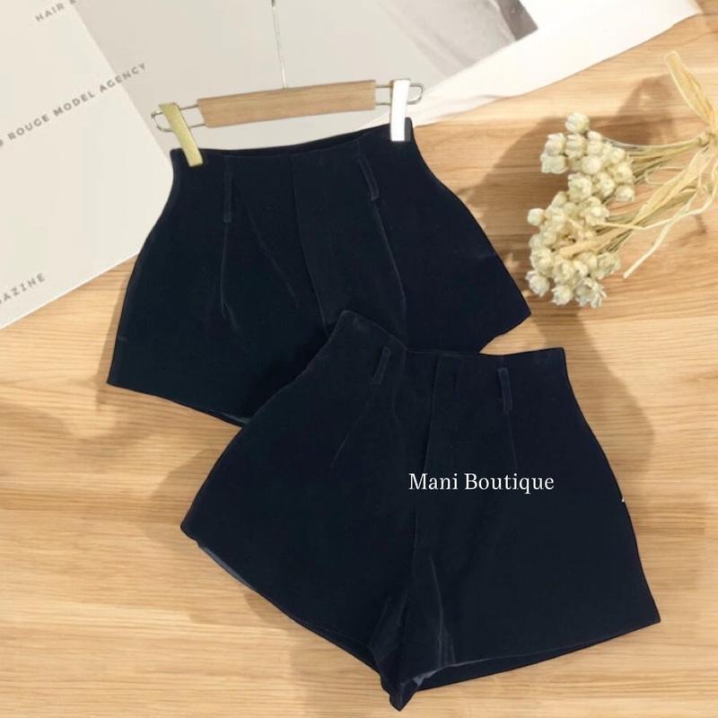 Quần short nhung cạp cao khoá sau bigsize, quần đùi nữ chất nhung 2 lớp lưng cao ống rộng có túi Women Ong Pants