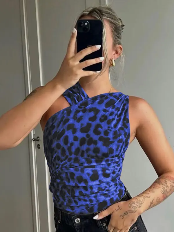 Women's Leopard Print Asymmetrical Neck Ruched Mesh Bodysuit, Fashion Casual Sleeveless Fit Bodysuit for Summer, Jumpsuit for Women, Ladies Clothes for Holiday Party Club, Nyc Clothing, Womenswear, Clothes for Women, Tops 3