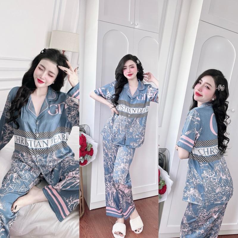 Đồ bộ pijama rừng xanh nhạt lụa xước ánh kim có 2 size 40-60kg và 60-75kg lụa xước dobo tay ngan Áo Nữ