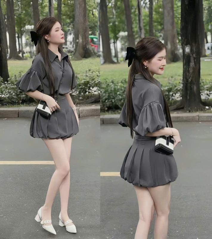 Set váy nữ cotton lạnh cổ bẻ tay phồng mix chân váy xếp ly bí phồng dễ thương bánh bèo cho các nàng diện đi chơi đi tiệc