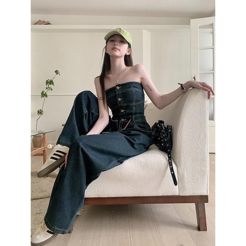 Jumpsuit Jean Denim quây ngực rút dây quần ống rộng - Top Jean Cotton giành cho Nữ Pants Women