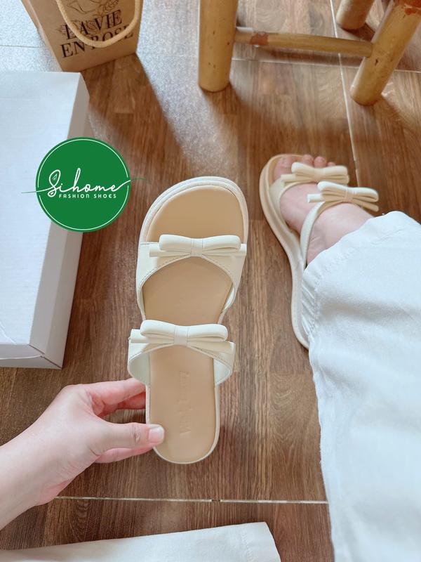   Chân gầy lùi size-Chân mập tăng size  Dép nữ xuồng 5PH kiểu hai quai đính nơ tiểu thư đế êm chân-DéP GiàY Shoes Cao Su Đế Bằng Đồng 