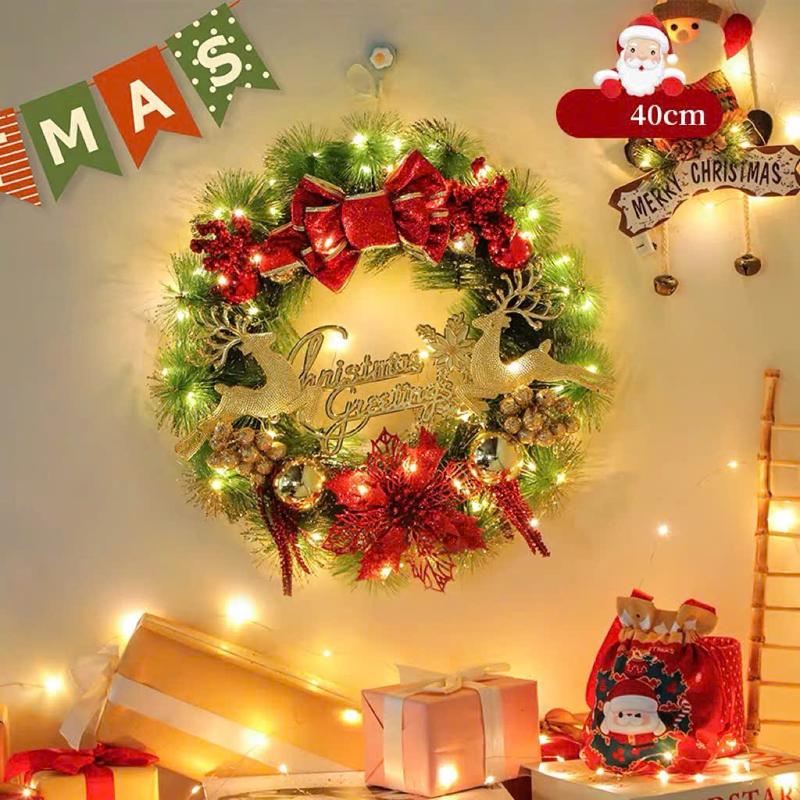 Vòng hoa nguyệt quế tặng kèm đèn xinh xắn kích thước loại to 40cm treo cây thông noel trang trí giáng sinh