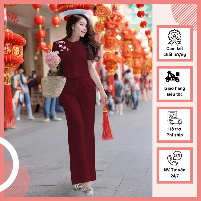 Set đồ nữ Đào Tết, Set đồ mặc tết chất liệu đũi tơ xước với hoạ tiết thêu sang trọng thanh lịch, đồ bộ nữ quần ống suông lưng thun phía sau, chất liệu đũi tơ xước cao cấp