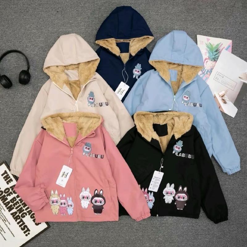 [Lót Lông] Áo khoác labubu lót lông mềm mượt ấm áp, áo khoác gió tráng bác chống nước có mũ in hình dễ thương cho bé trai, bé gái 10-30kg