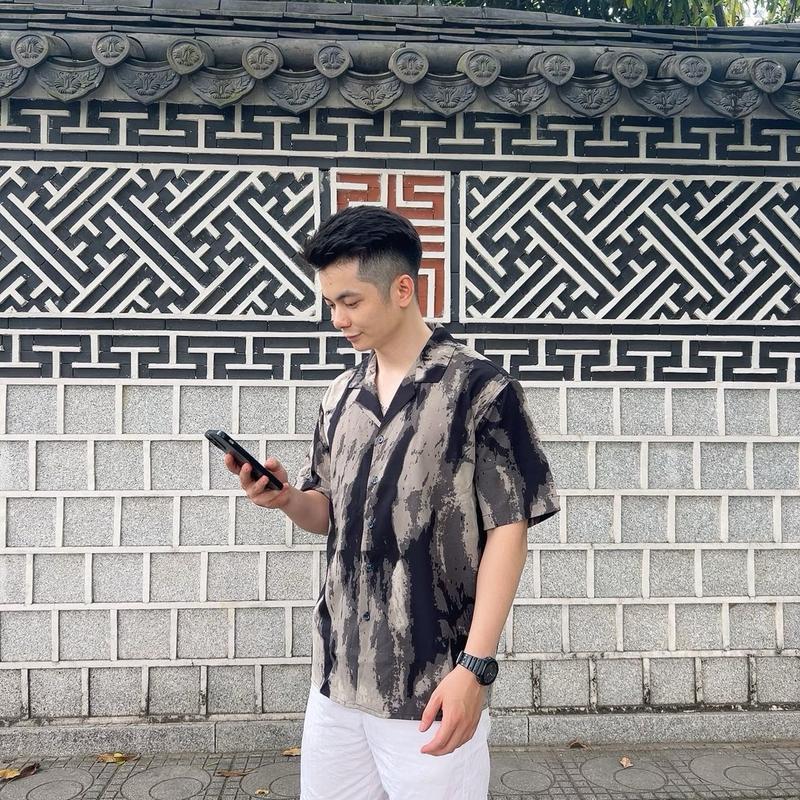 Áo sơ mi đi biển BeachBlue hoạ tiết vân loang Menswear  thường  Shirt Nhung 5