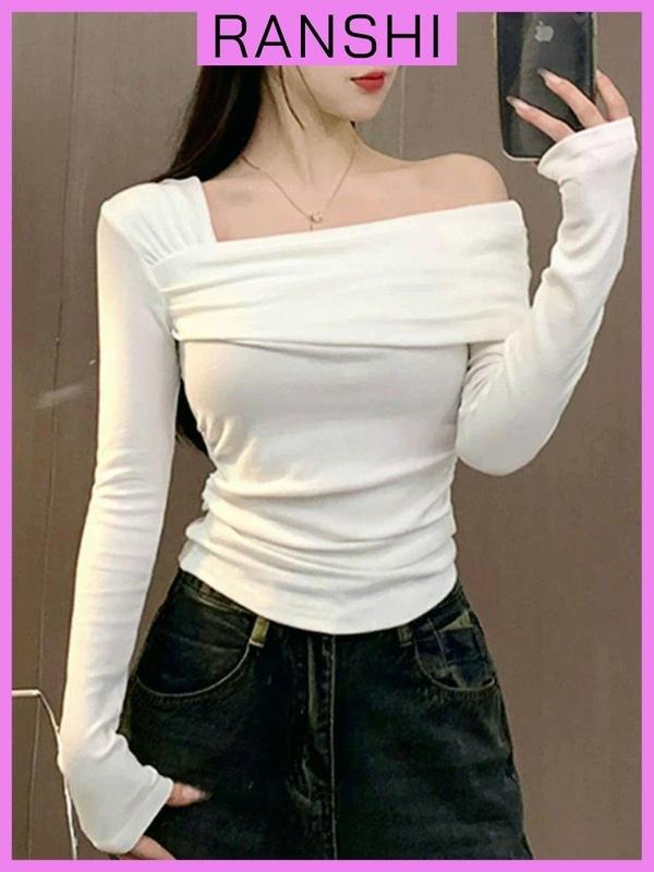  Áo Thun Trễ Vai Dài Tay RANSHI Thiết Kế Lệch Vai Ôm Body Dễ Phối Chất Thun Gân Dày Dặn - RA269 Nữ Women Top Cổ Tròn 
