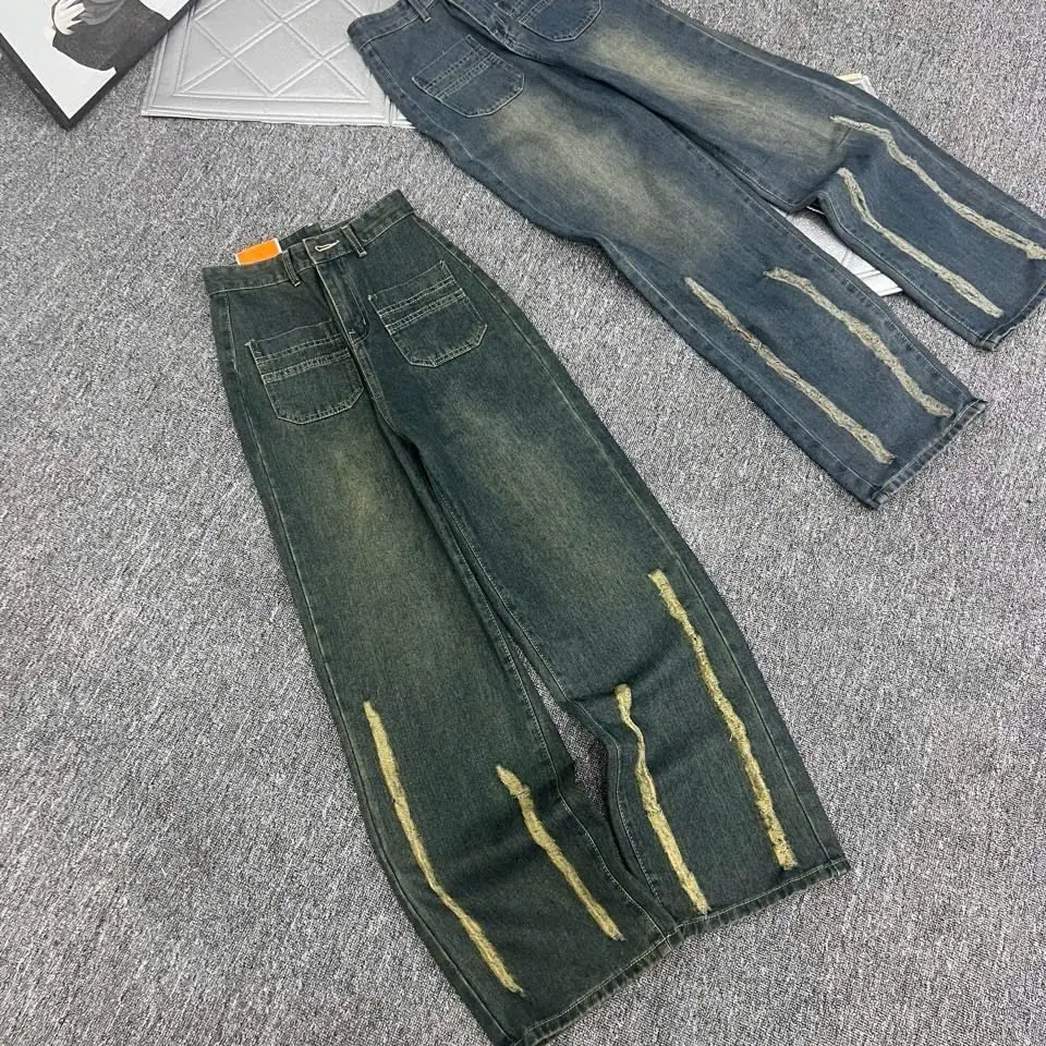 Quần jean ống suông cào xước kiểu phối túi chất QC đẹp