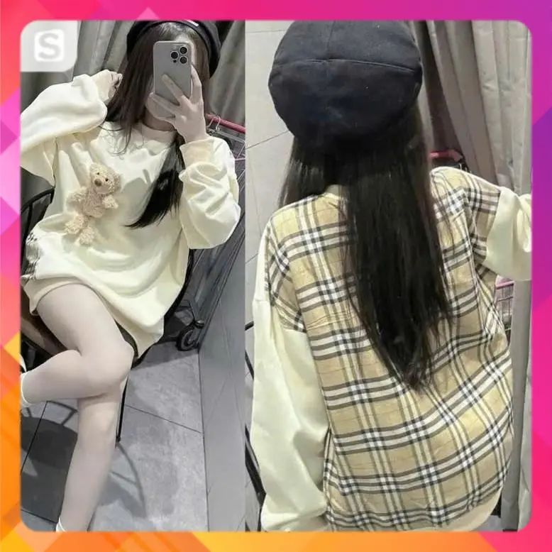 Áo nỉ Sweater Kèm Gấu Kẻ Lưng Chất Nỉ Dày Dặn, Ấm Áp Women Nữ Kem Voi Nhung Top Jean Thời Trang 310
