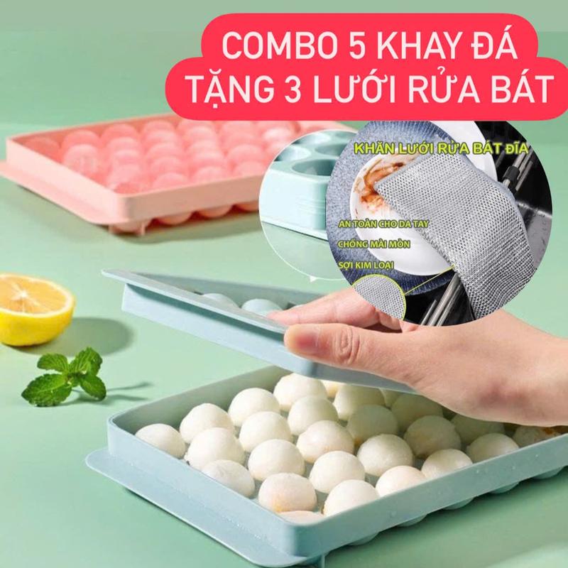   TẶNG 3 LƯỚI RỬA BÁT  COMBO 5 Khay đá viên tròn nhựa cao cấp vỉ 33 viên làm đá thạch rau câu 