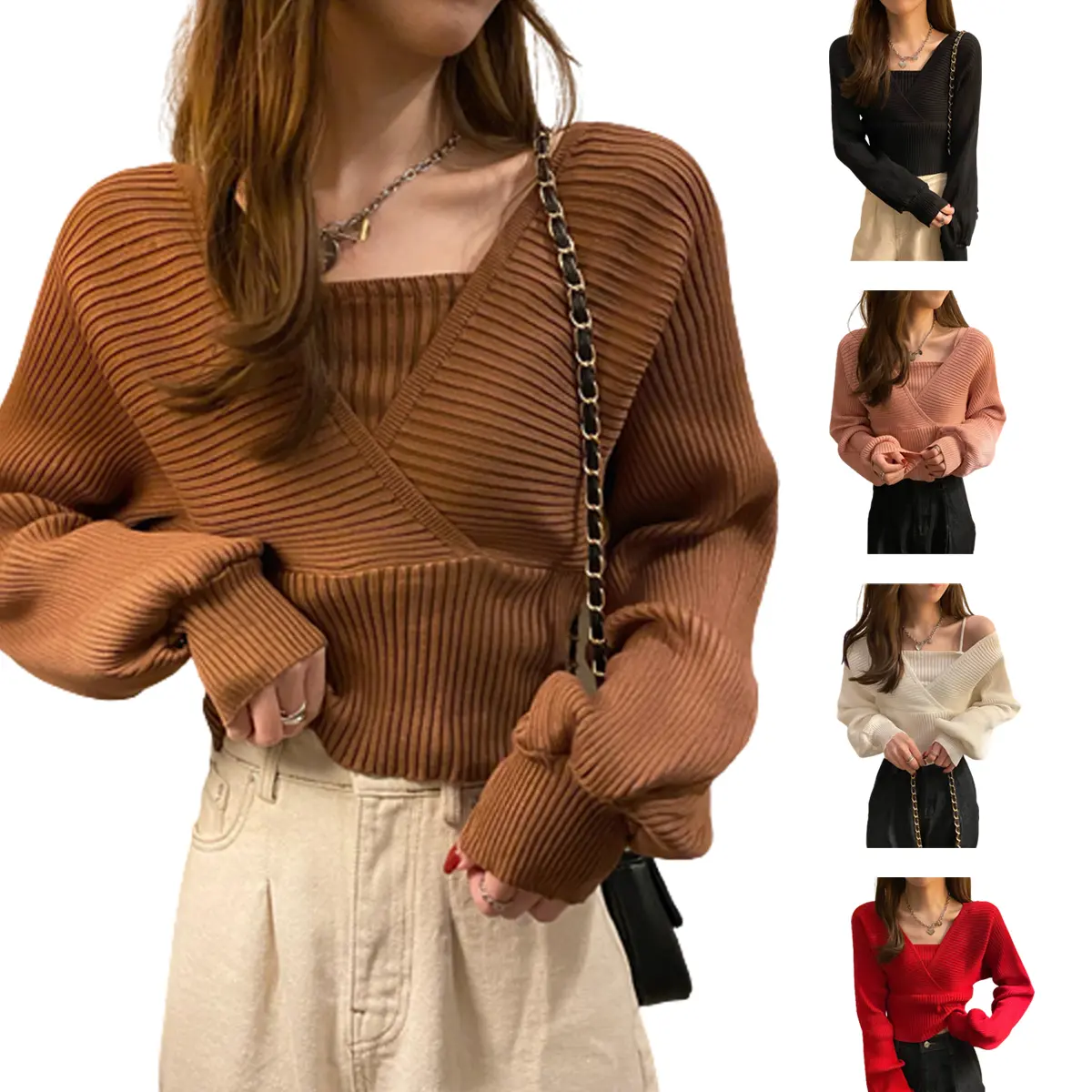 CROP KOREAN LENGAN PANJANG V-NECK LENGAN BALON Baju Cantik Atasan Wanita Tebal Knitwear Top
