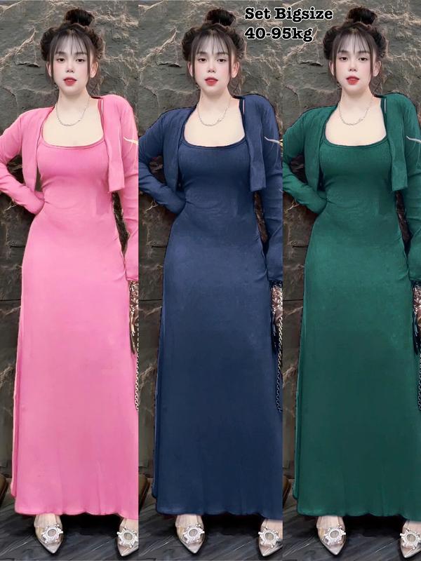 Set Váy Đầm Body 2 Dây + Áo Khoác Thun Tăm cổ tim Hot Hit Nữ Cao Cấp Xinh Đẹp Chuppy Sang Trọng Dễ Thương Giá Rẻ40-95kg - 2416