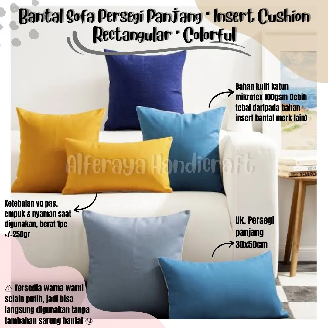 Bantal Sofa Persegi Warna Warni Langsung isi uk.30x50cm • Insert Bantal Sofa Persegi • Sofa Cushion Aesthetic Katun Katun Modern Anti selip