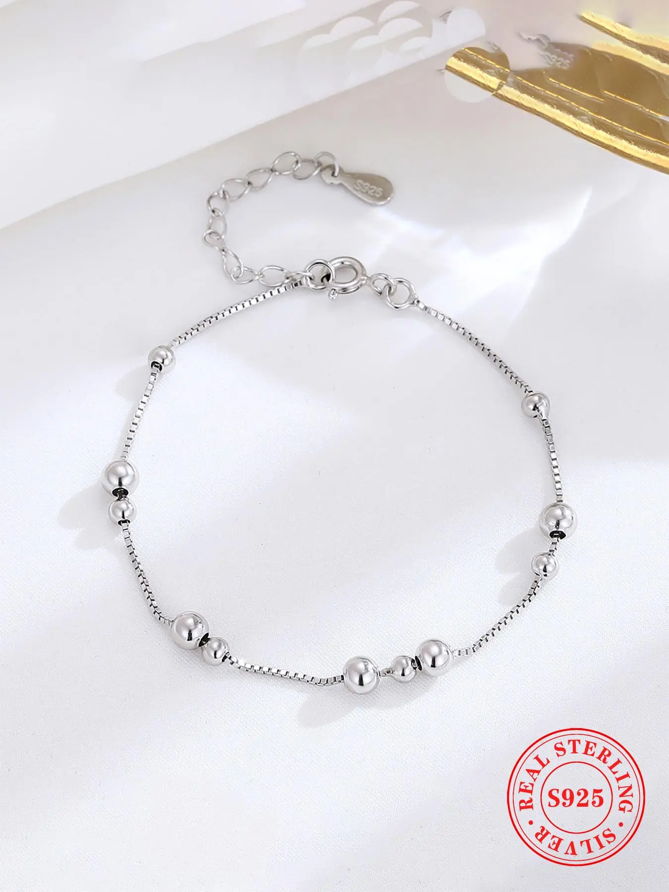 925 Sterling Silver Round Bead Decor Link Bracelet, Simple Silver Bead Bracelet for Women, Fashion Jewelry for Party, Daily Decor, Exquisite Jewelry for Gift