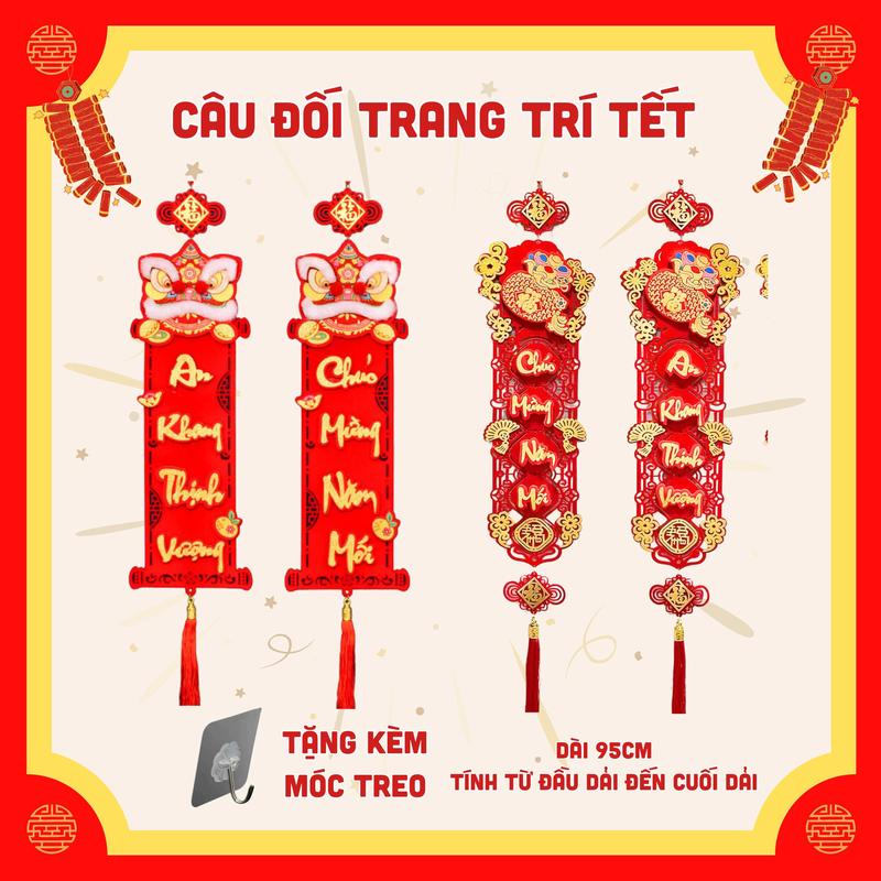 Cặp câu đối đầu lân đỏ treo tết trang trí - Câu Đối Treo Tết An Khang Thịnh Vượng năm 2025