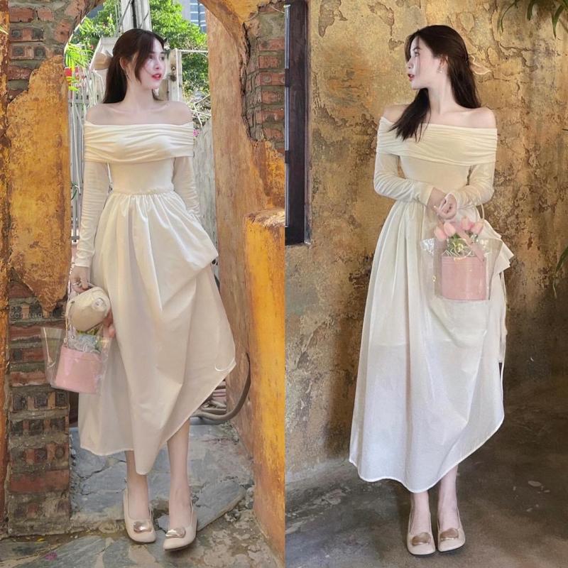 Đầm trễ vai tăm lạnh phối tùng váy lụa xòe với tone màu trắng nhẹ nhàng, xinh thời trang nữ siêu hot, bánh bèo