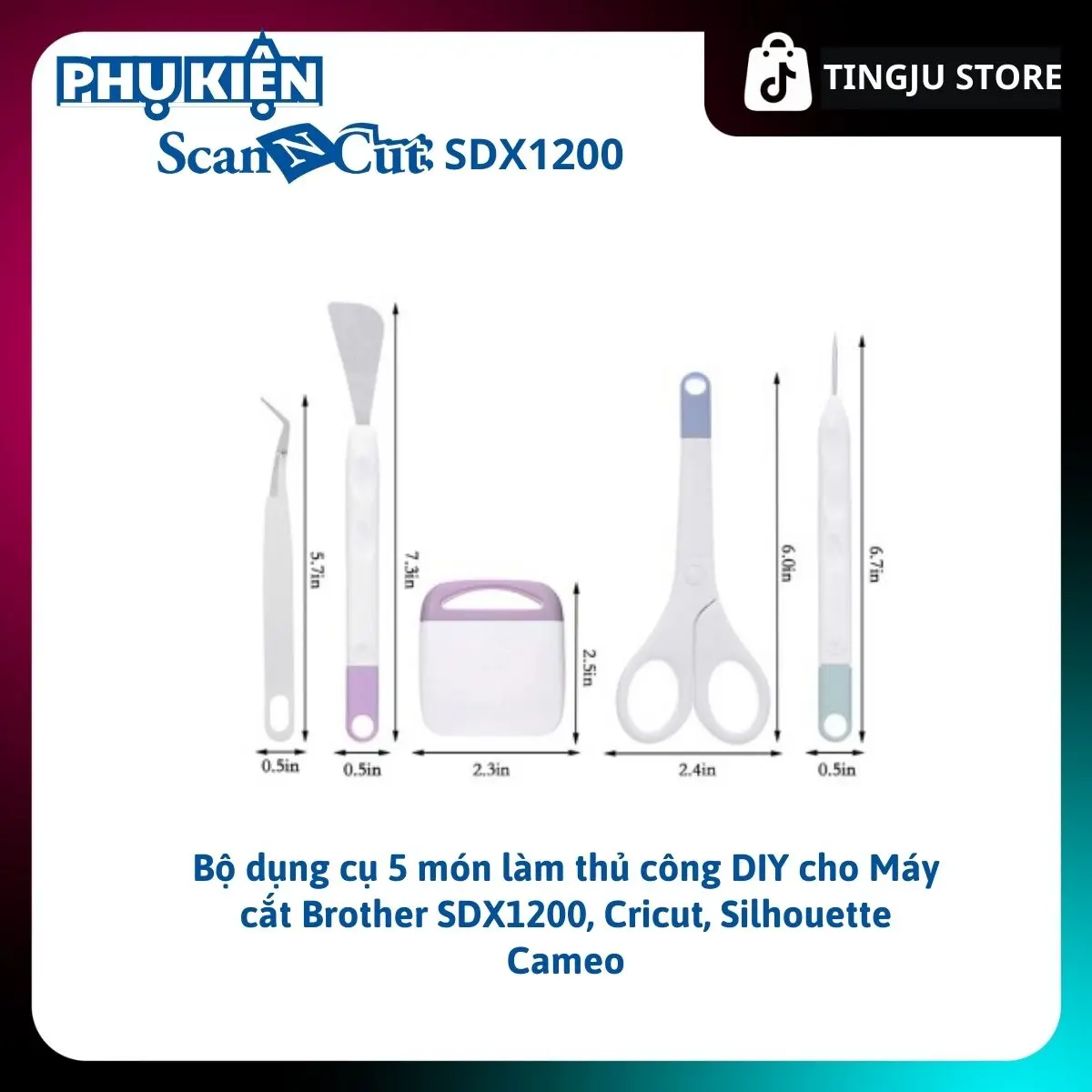 Bộ dụng cụ 5 món nhíp gắp, xẻng xúc, kéo... làm thủ công DIY cho Máy cắt Brother SDX1200, Cricut, Silhouette Cameo, màu trắng