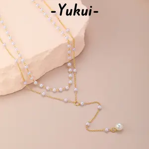[Yukui]Kalung mutiara berwarna emas dengan liontin model Y cocok untuk wanita dan siswa B450