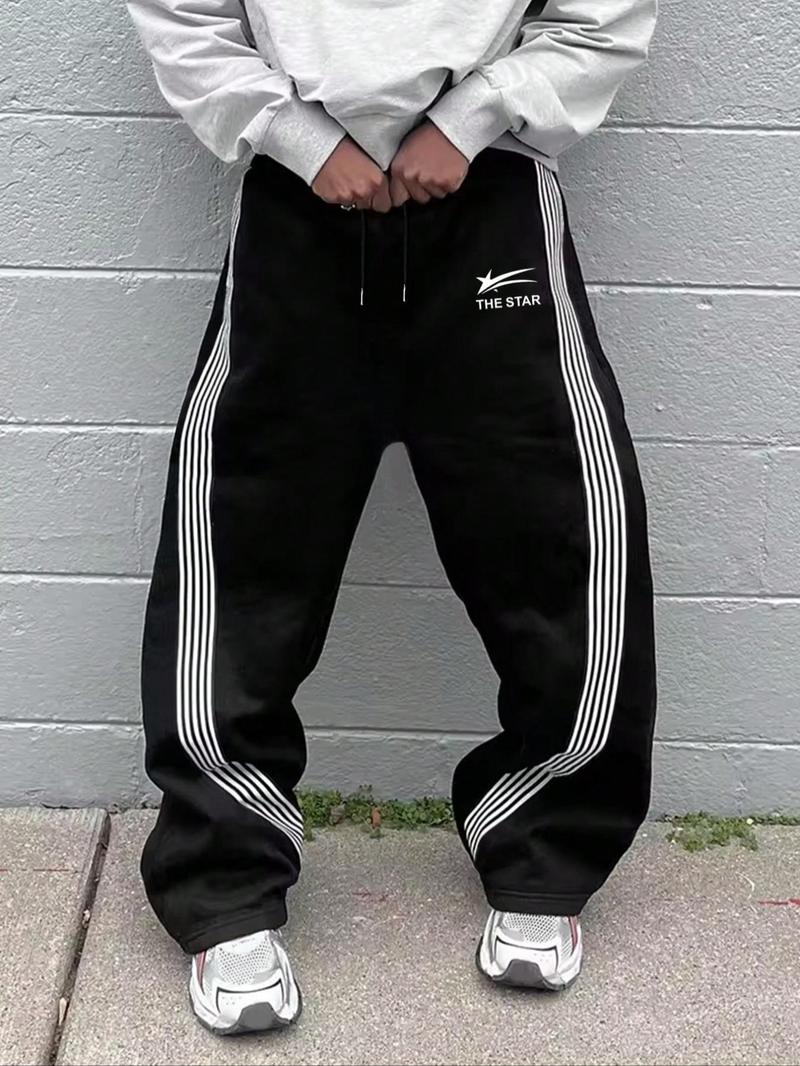 Product Introduction of Men's Letter & Stars & Striped Print Drawstring Waist Sweatpants, Regular Fit Casual Street Elastic Waist Pants for Fall & Winter, Men's Trousers for Daily Wear, Mens Pants 1