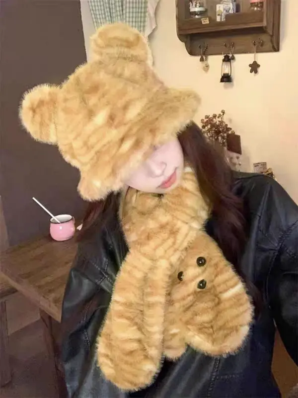 Cute Bear Ear Design Hat & Scarf & Bucket Bag Set, Casual Plush Tiger Pattern Hat & Scarf & Bag Set for Women & Men, Fashion Accessories for Daily Wear 3