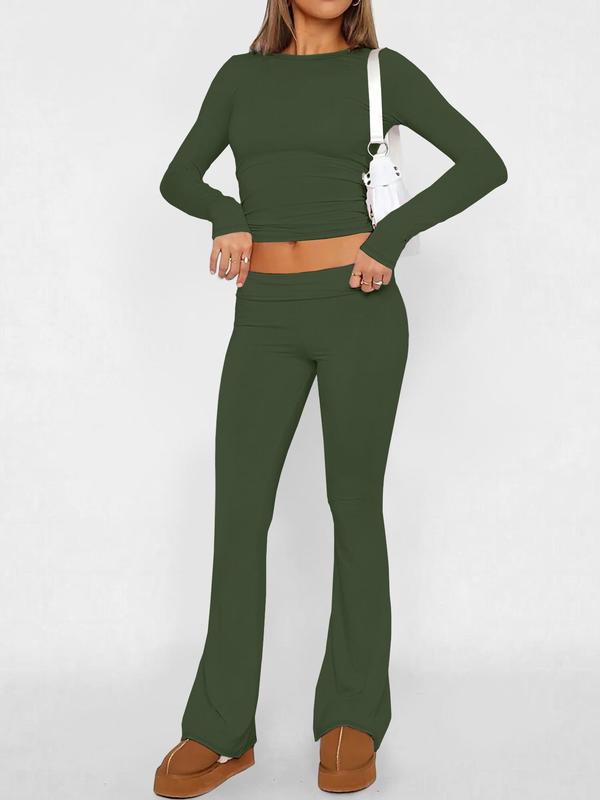 Two-piece Set Women's Solid Long Sleeve Crop Top & Flare Leg Pants, Casual Fashion Cozy Round Neck Top & Bell Bottom Trousers for Daily Outdoor Wear, Women's Lounge Clothing for Summer, Two Piece Set Women 6