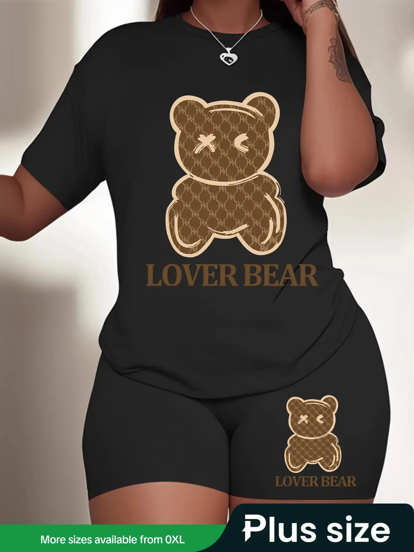 Plus Size Two-piece Set Cartoon Bear Print Drop Shoulder Tee & Elastic Waist Shorts Set, Casual Round Neck Short Sleeve T-shirt & Skinny Shorts, Women's Two-piece Outfits